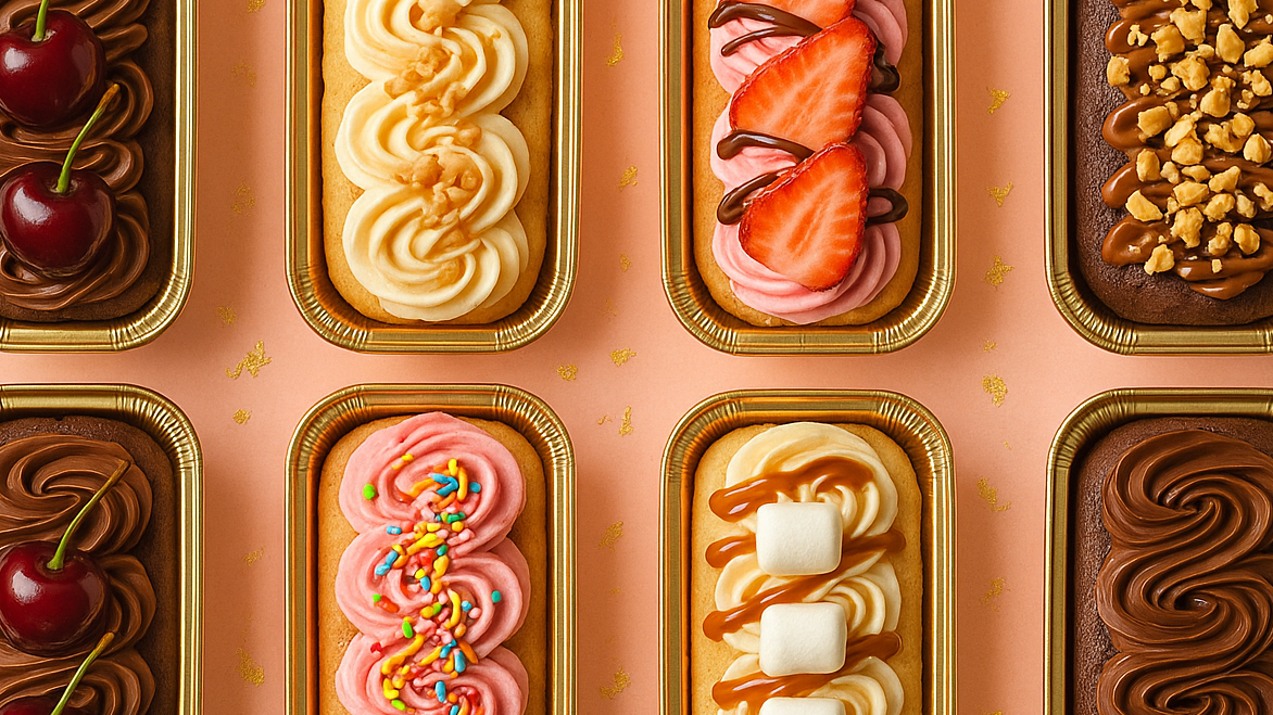 ALL OF THE PANS SHOULD BE DISPOSABLE GOLD FOIL PANS. MAKE EVERY CAKE LONG AND THIN LIKE THE CAKE THAT HAS 4 MARSHMALLOWS ON IT. 