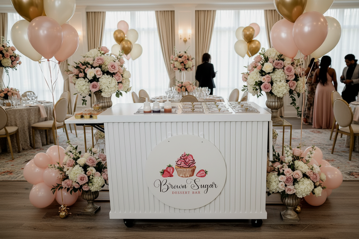 White dessert bar with 'Brown Sugar Dessert Bar' sign on a wooden floor.